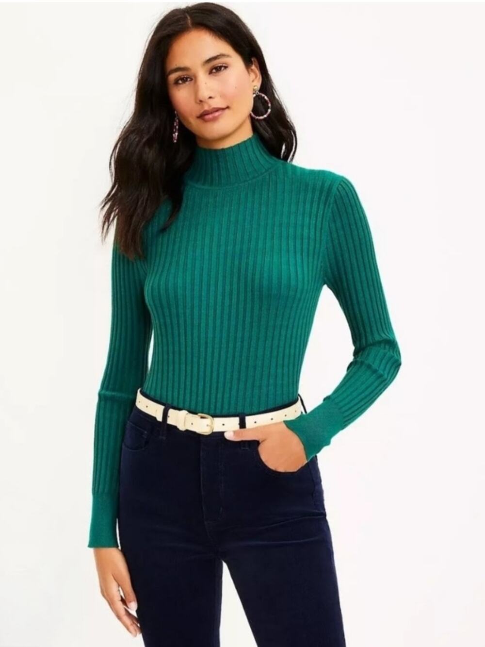 LOFT Ribbed Mockneck Sweater in Emerald Green Fall Holiday Party - Size L